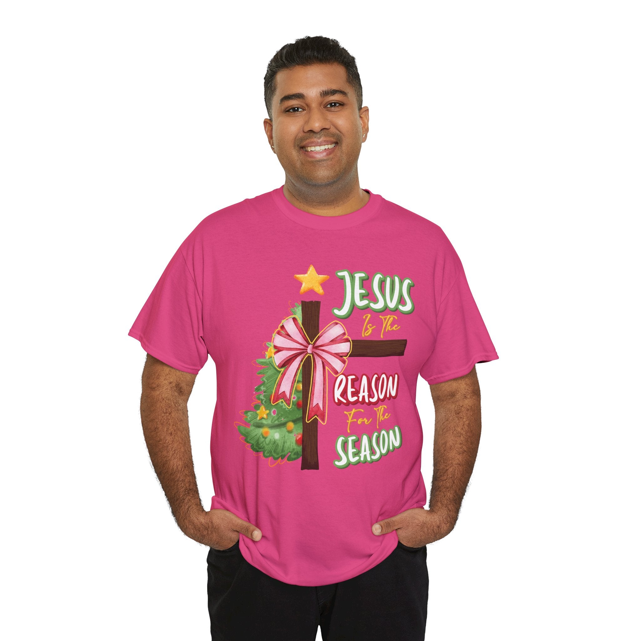 Jesus Is the Reason for the Season Christmas Tee — Cross with Pink Bow & Tree. Unisex Cotton Tee