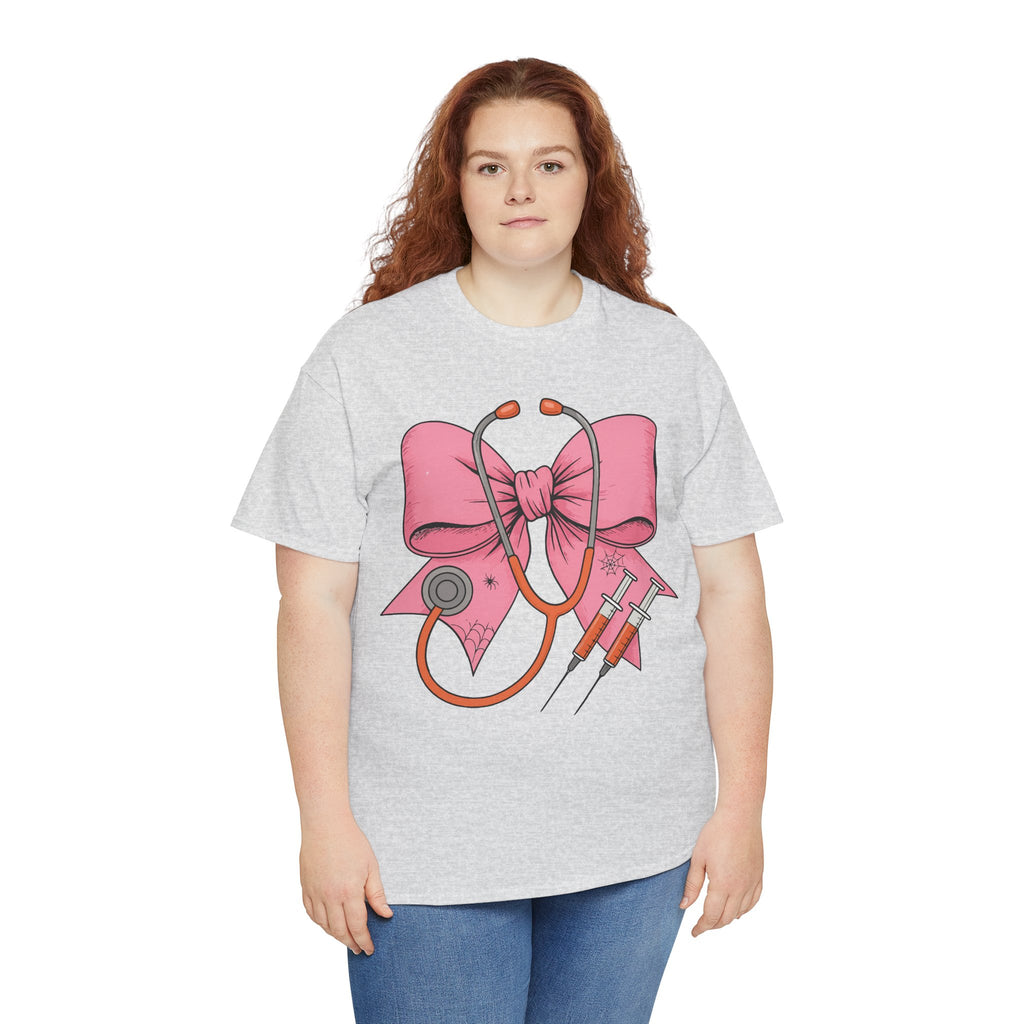 Halloween Nurse T‑Shirt — Pink Nurse Bow with Stethoscope, Syringes & Spider Webs..Unisex Cotton Tee
