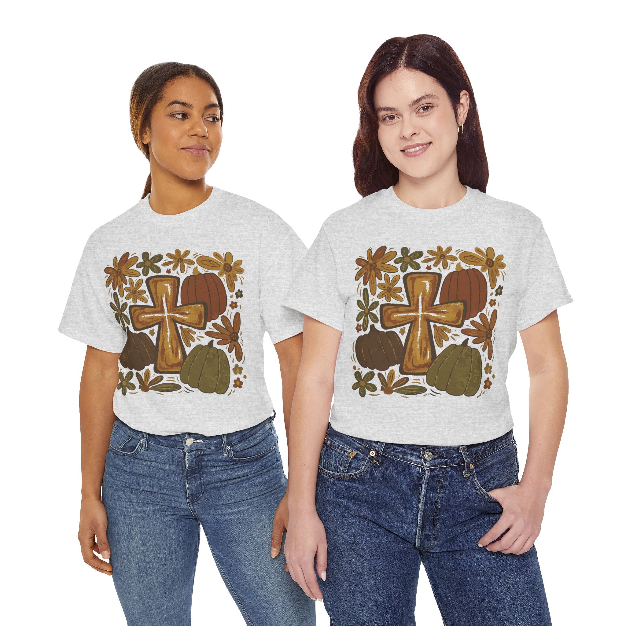 Autumn Cross Tee — Rustic Pumpkin & Fall Floral Christian Unisaex Cotton T-Shirt