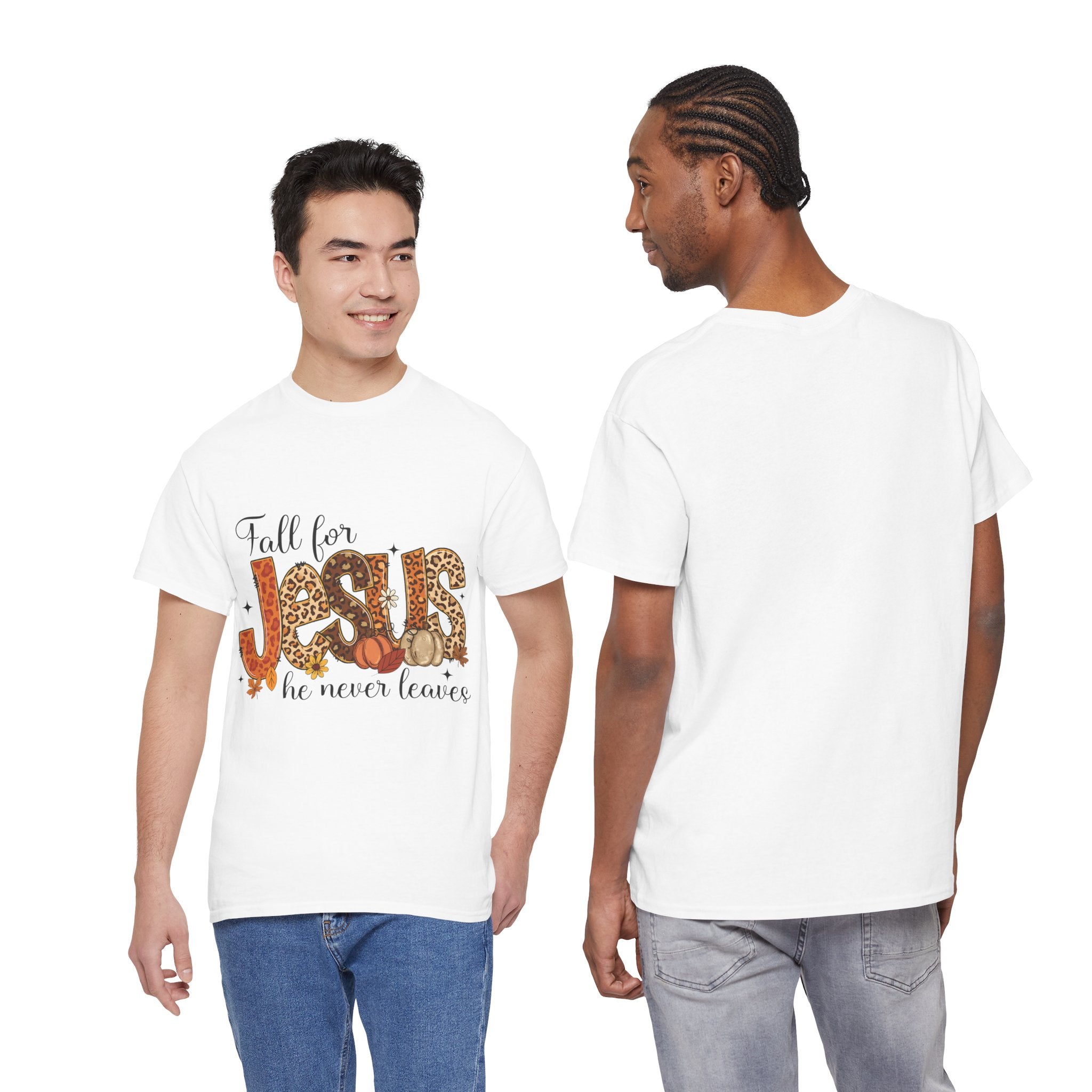JESUS Leopard Print Fall T-Shirt — Pumpkins, Leaves & Floral Christian Unisex Cotton Tee