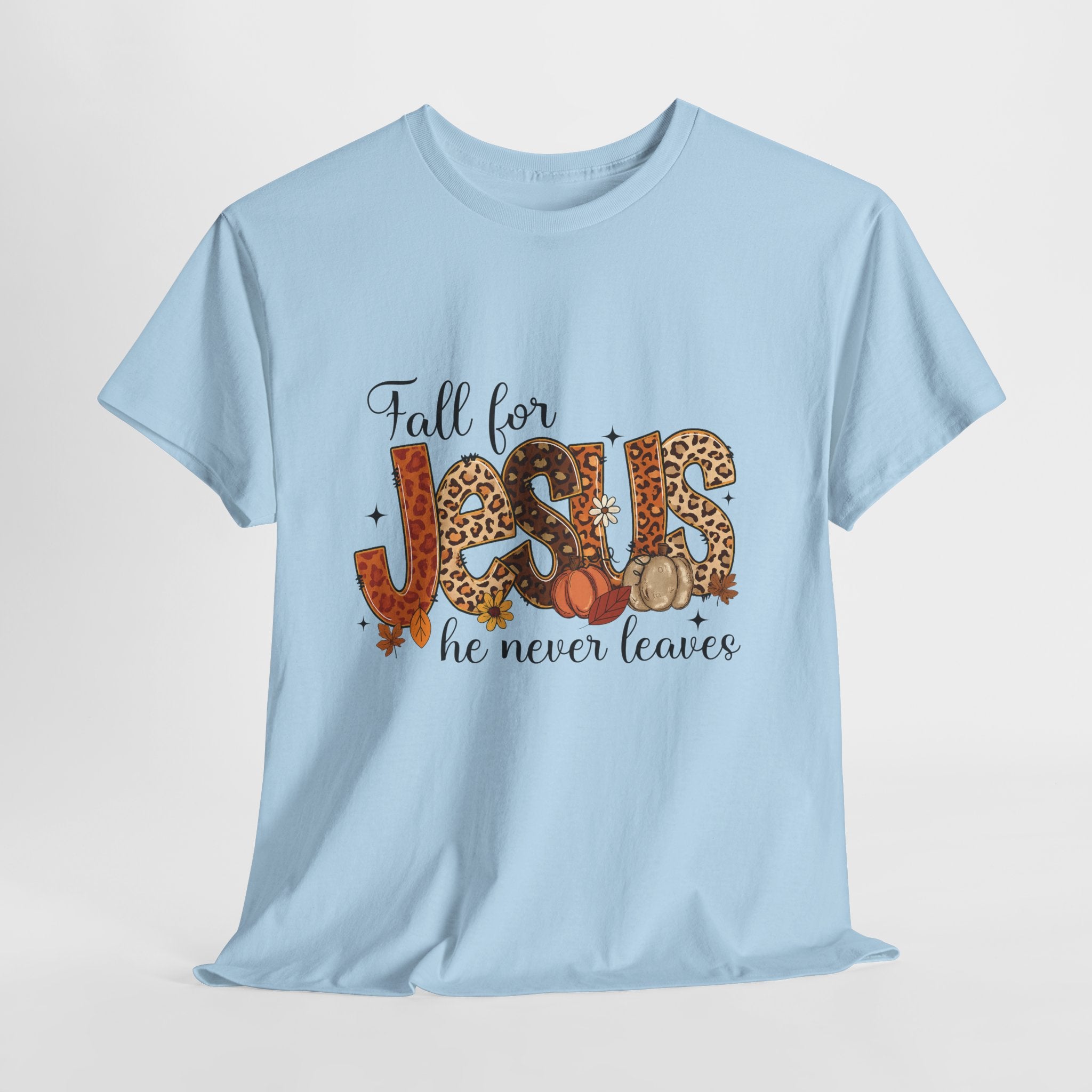 JESUS Leopard Print Fall T-Shirt — Pumpkins, Leaves & Floral Christian Unisex Cotton Tee