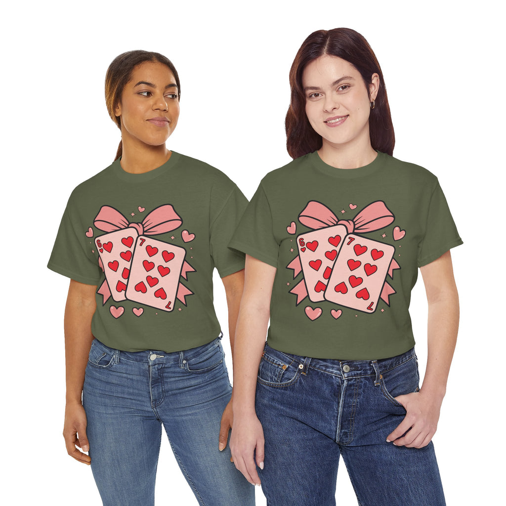6 & 7 of Hearts T-Shirt — Paired Playing Cards with Pink Bow Unisex Cotton Tee