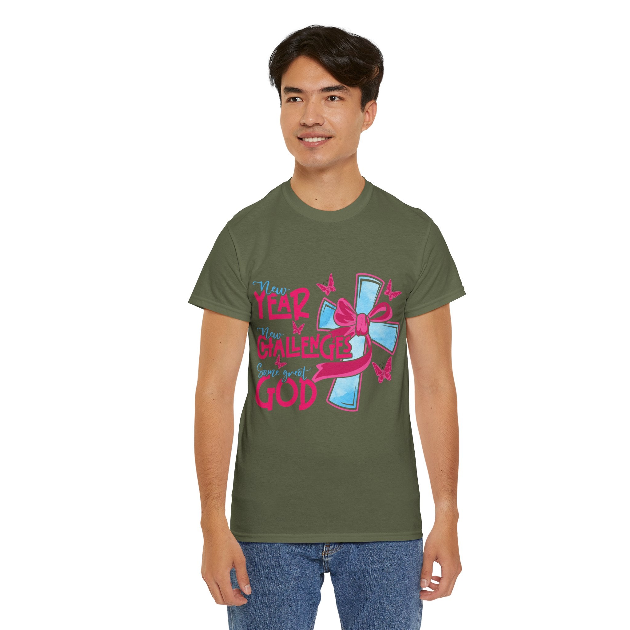 Christian T-Shirt — “New Year, New Challenges, Same Great God” with Pink Bow Cross & Butterflies. Unisex Cotton Tee