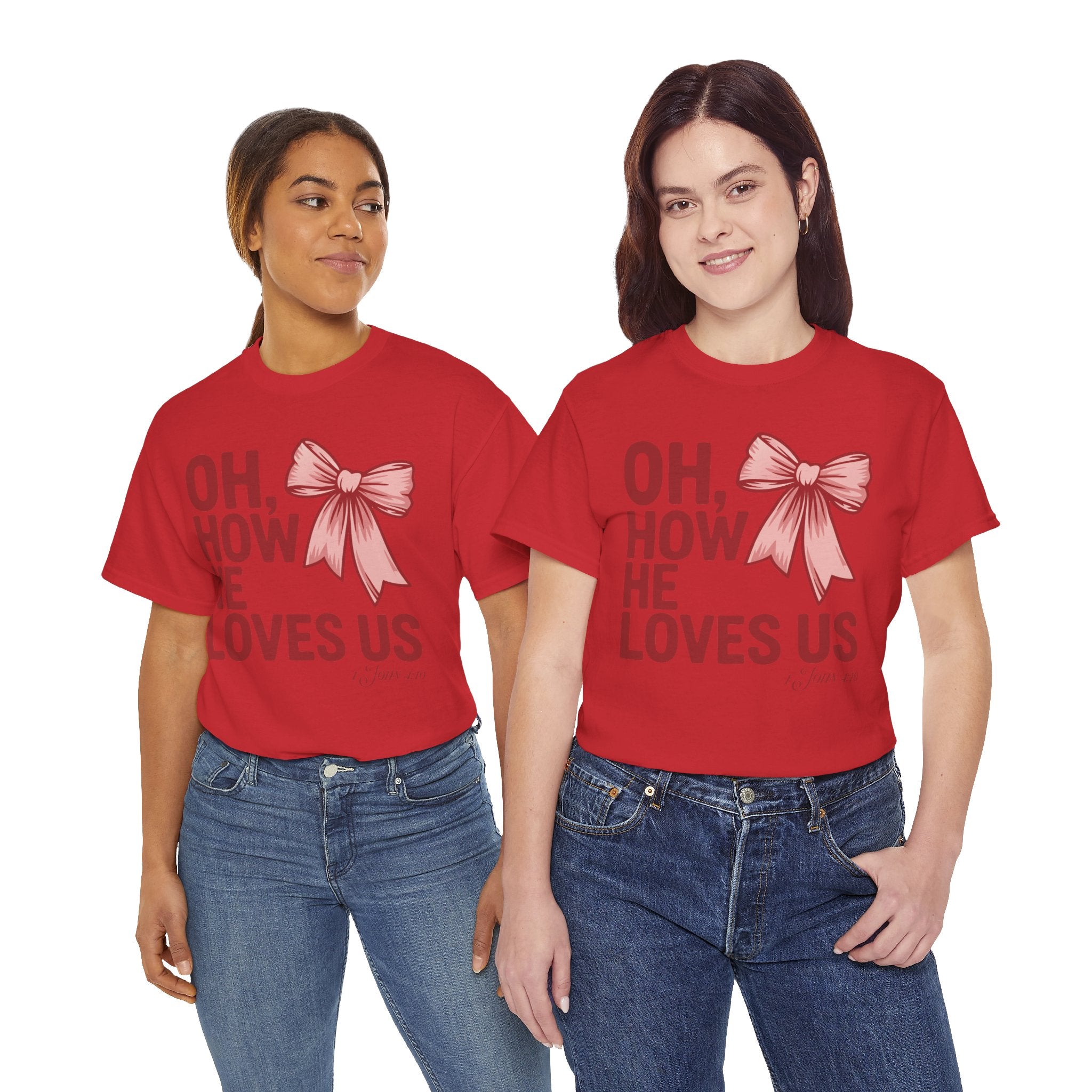 Oh, How He Loves Us Christian Valentine Tee — 1 John 4:10 Red & Pink Unisex Cotton Tee