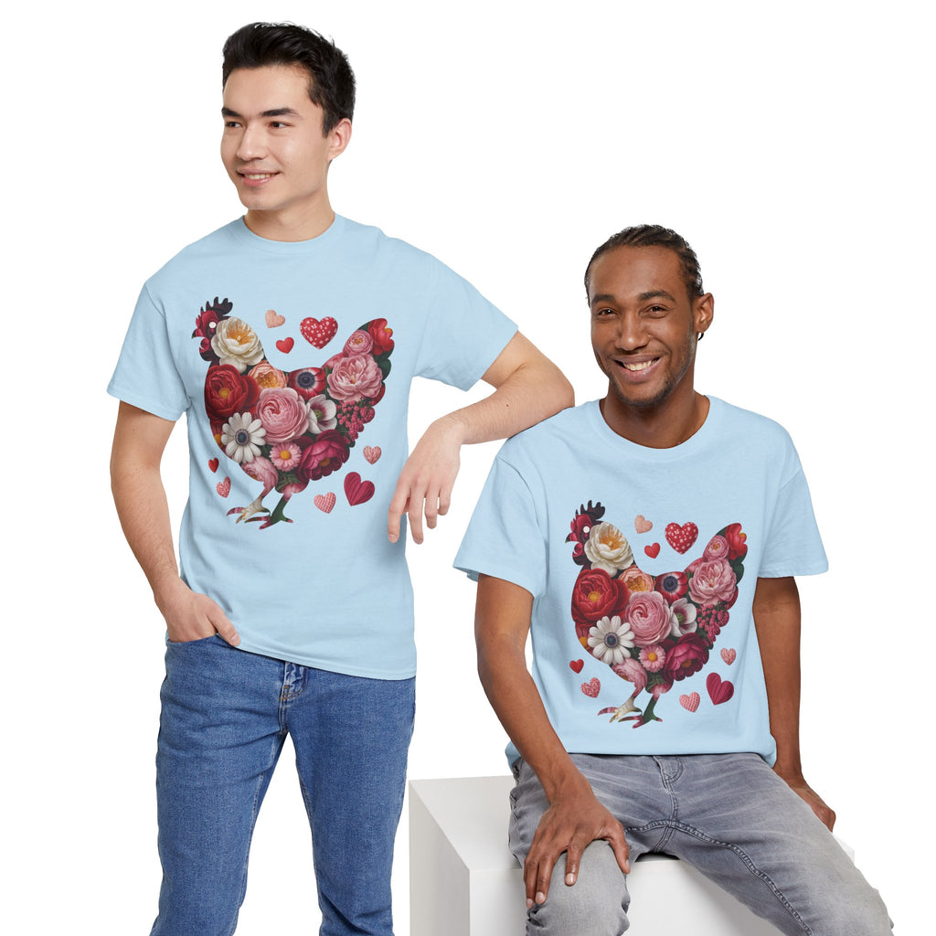 Floral Chicken Heart Tee — Red & Pink Flower Silhouette Unisex Cotton Tee