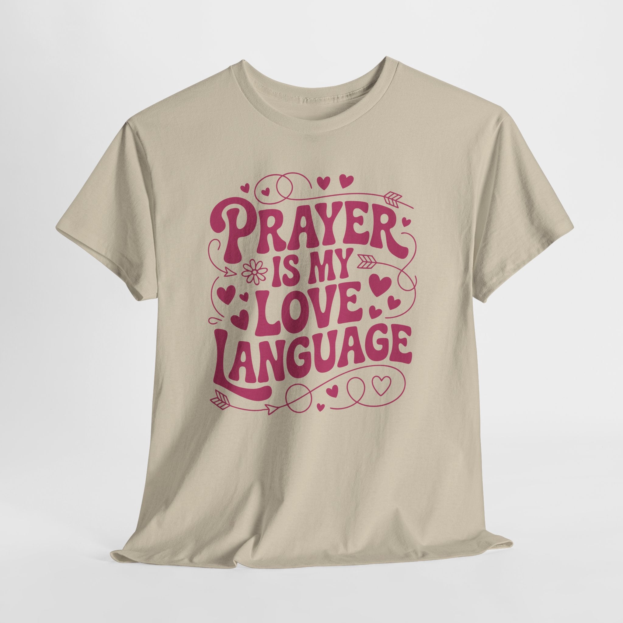 Prayer Is My Love Language Christian Tee — Pastel Pink Hearts Unisex Cotton Tee