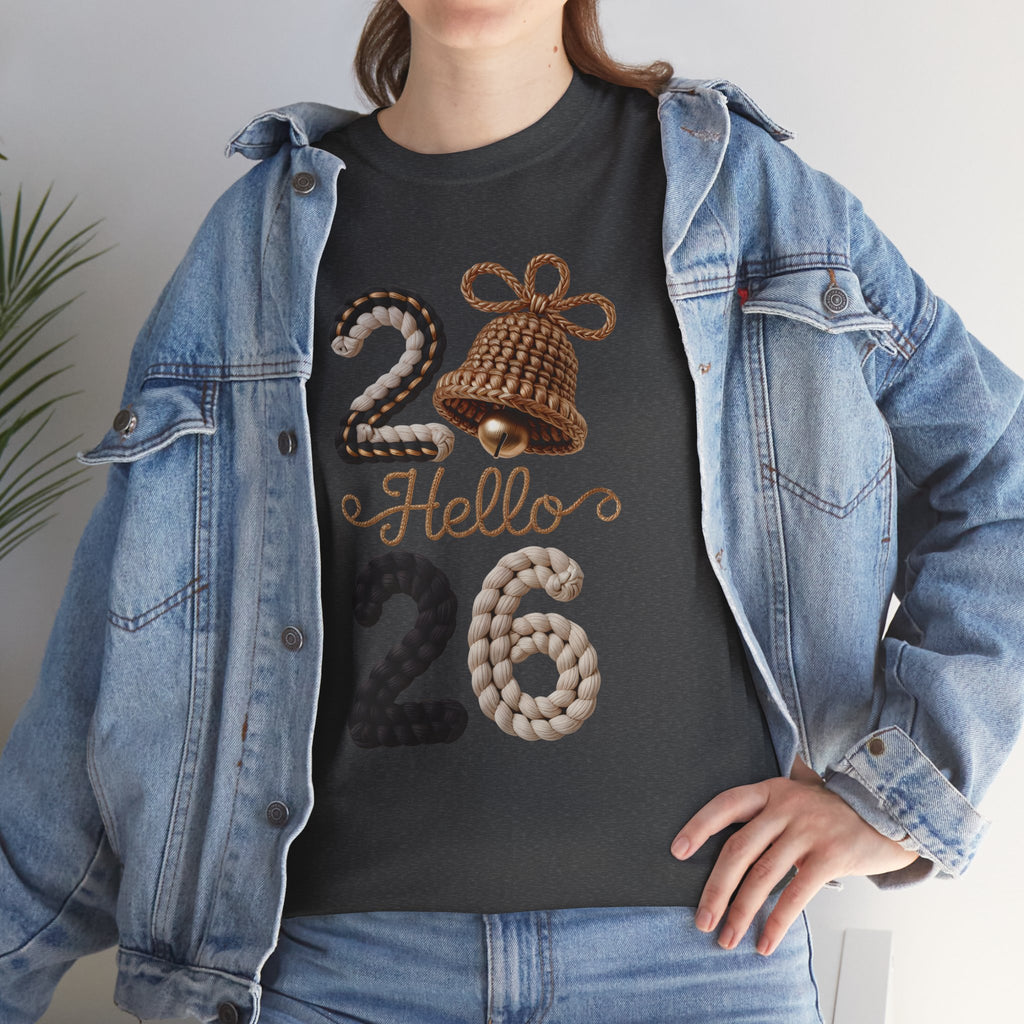 Hello 2026 Tee — Cozy Faux Yarn Braided Numbers with Woven Golden Bell..Unisex Cotton Tee