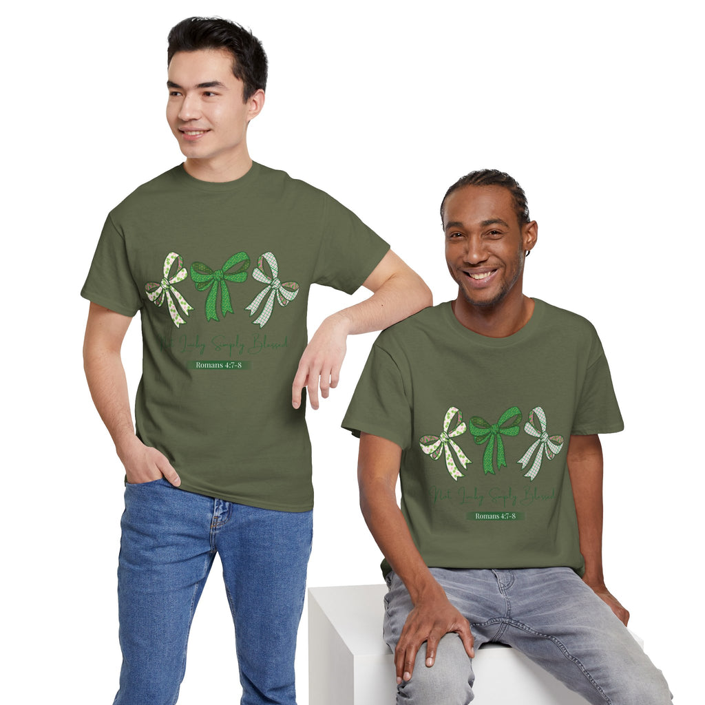 Not Lucky Simply Blessed Tee — Romans 4:7-8 Green Bow Christian Unisex Cotton T-Shirt