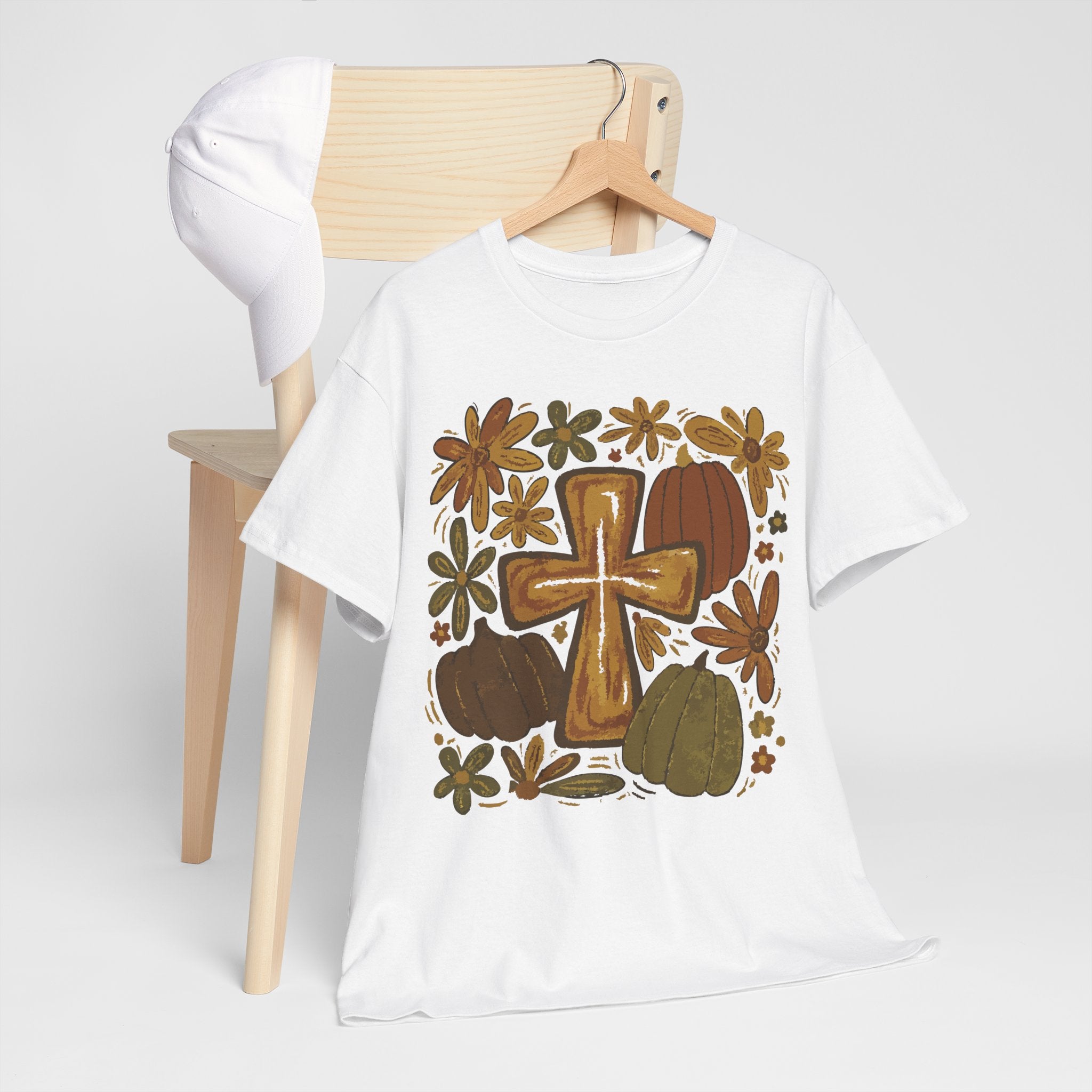 Autumn Cross Tee — Rustic Pumpkin & Fall Floral Christian Unisaex Cotton T-Shirt