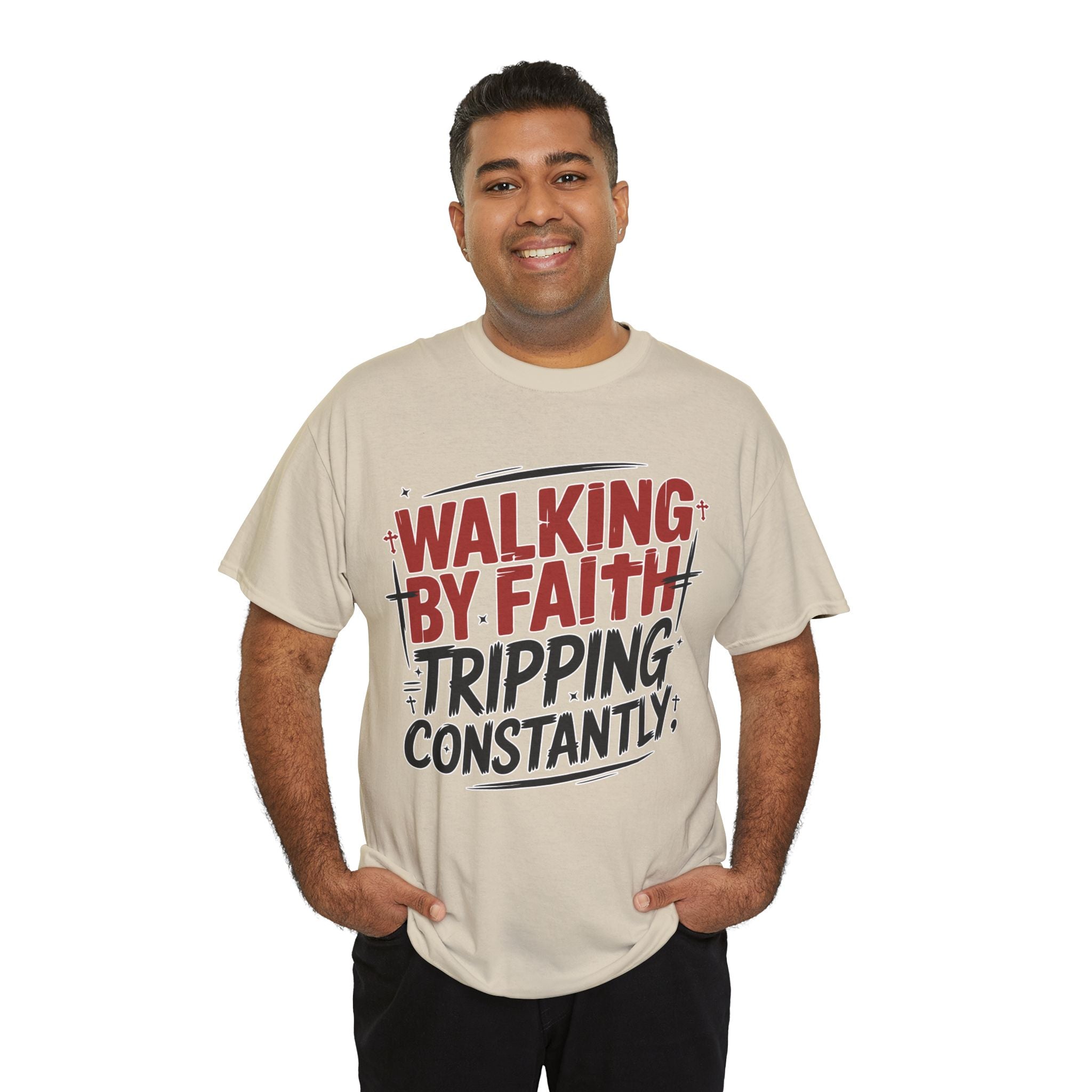 Walking by Faith, Tripping Constantly Unisex Cotton T-Shirt