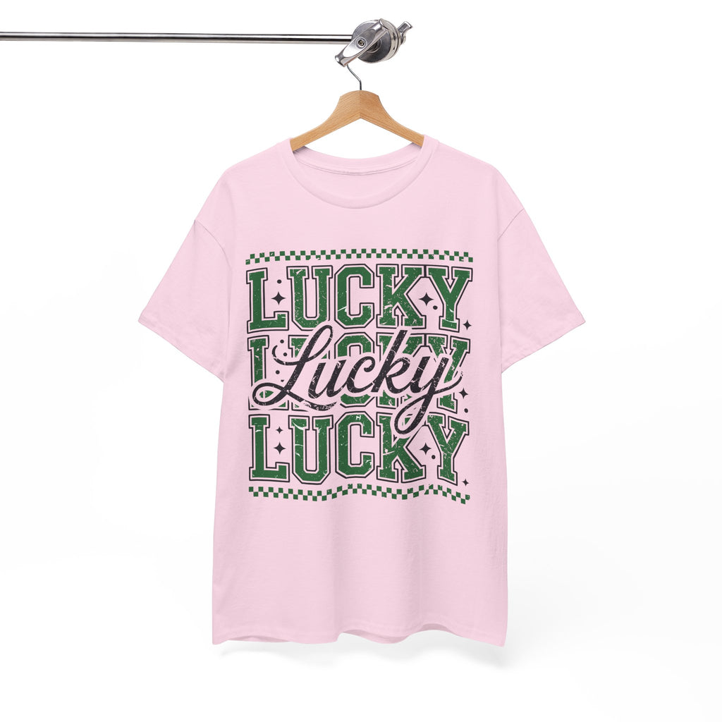 Lucky Varsity Tee — Layered Green ‘Lucky’ Graphic Unisex Cotton Tee