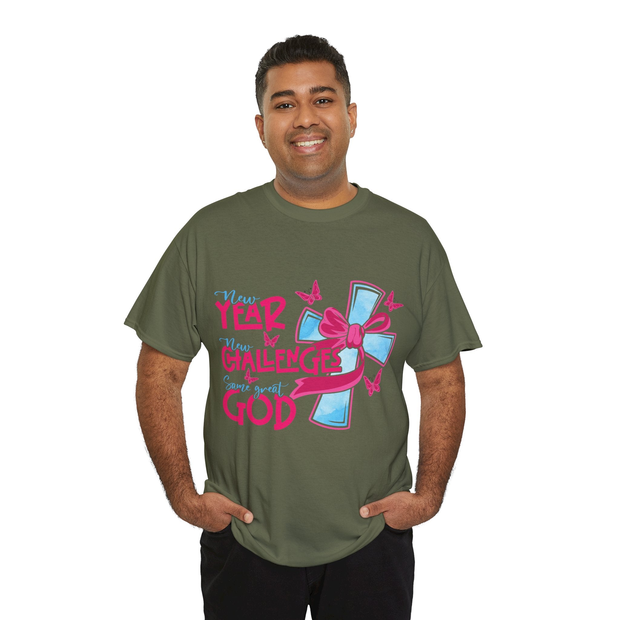 Christian T-Shirt — “New Year, New Challenges, Same Great God” with Pink Bow Cross & Butterflies. Unisex Cotton Tee
