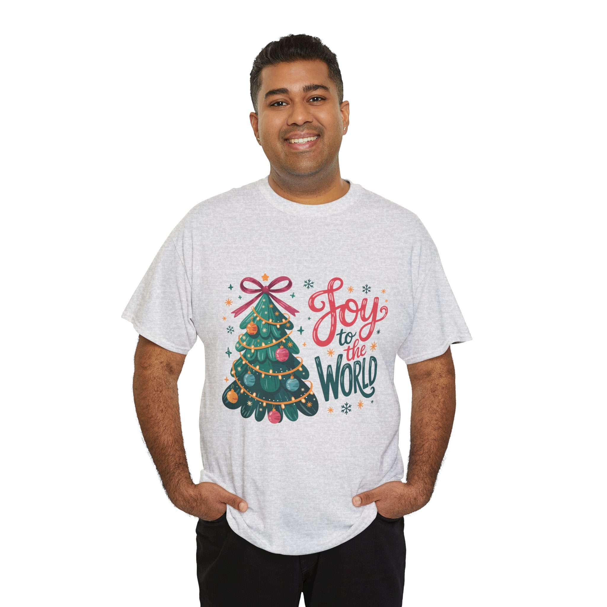 Joy to the World Christmas Tee — Festive Tree with Pink Bow..Unisex Cotton Tee