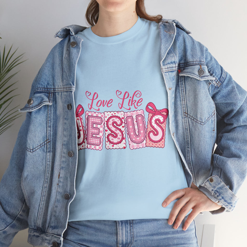 Love Like Jesus Patchwork Tee — Pink Stitched Heart Graphic.Unisex Cotton Tee