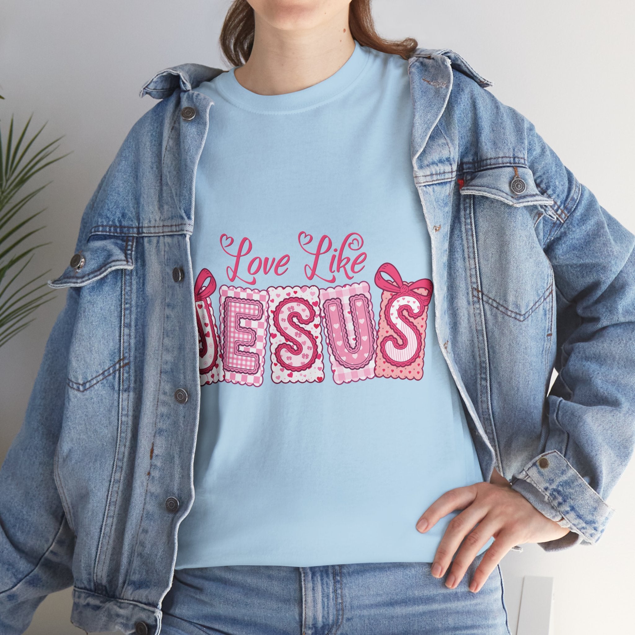 Love Like Jesus Patchwork Tee — Pink Stitched Heart Graphic.Unisex Cotton Tee