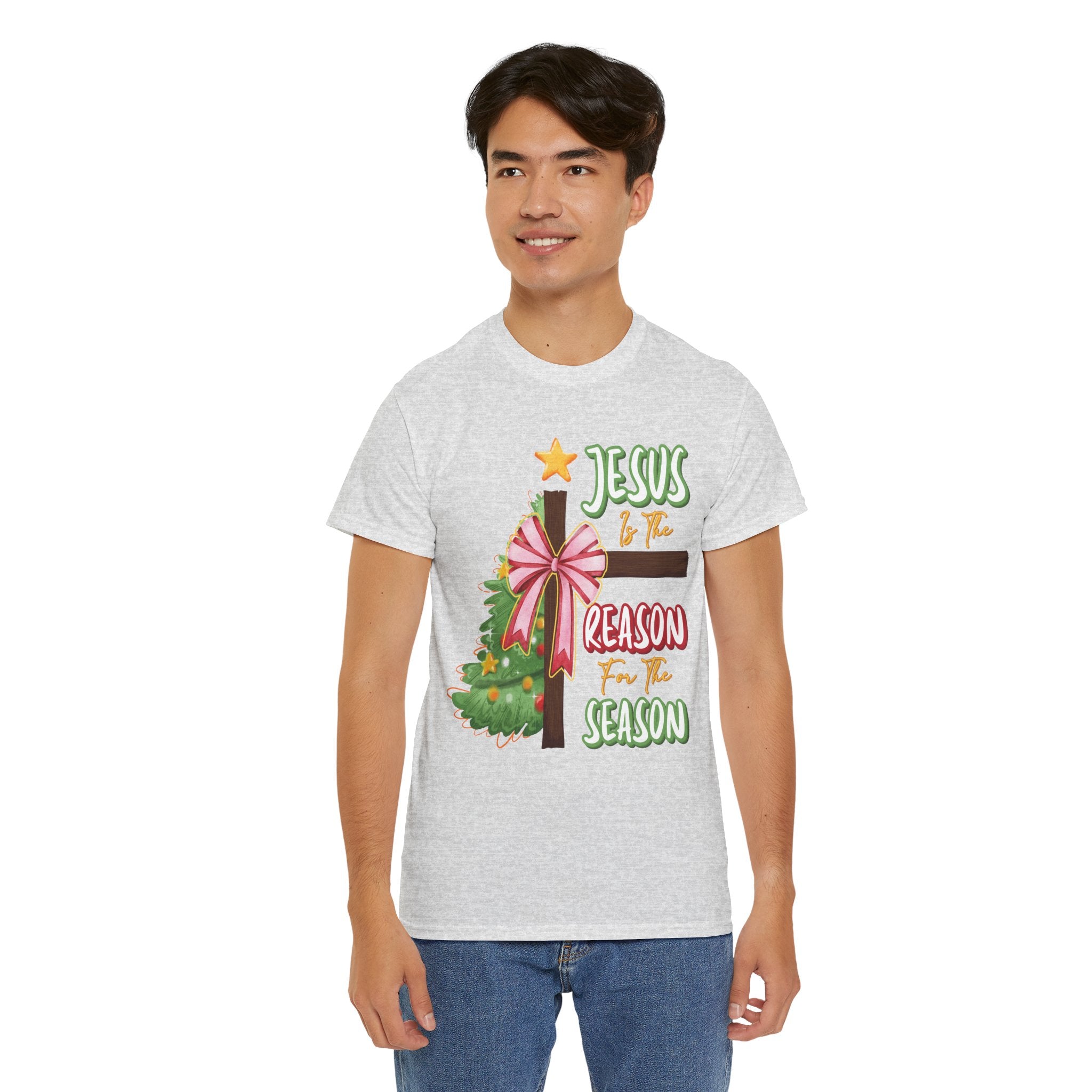 Jesus Is the Reason for the Season Christmas Tee — Cross with Pink Bow & Tree. Unisex Cotton Tee