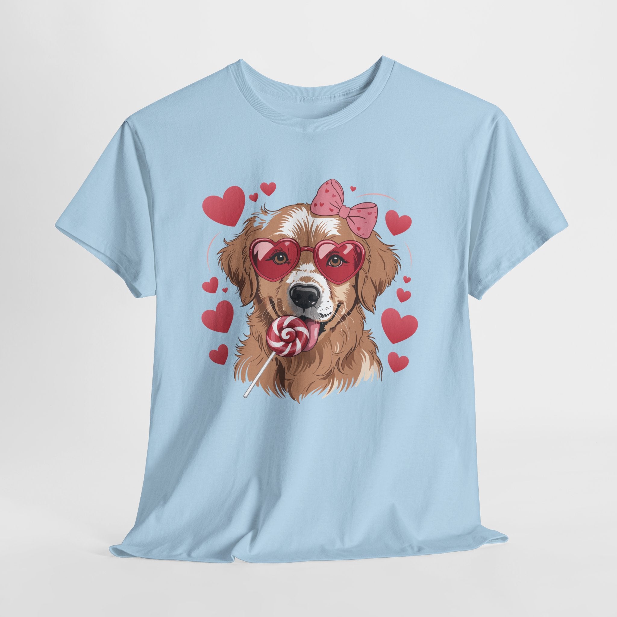 Valentine Dog T-Shirt — Cute Pup with Heart Glasses, Pink Bow & Lollipop..Unisex Cotton Tee