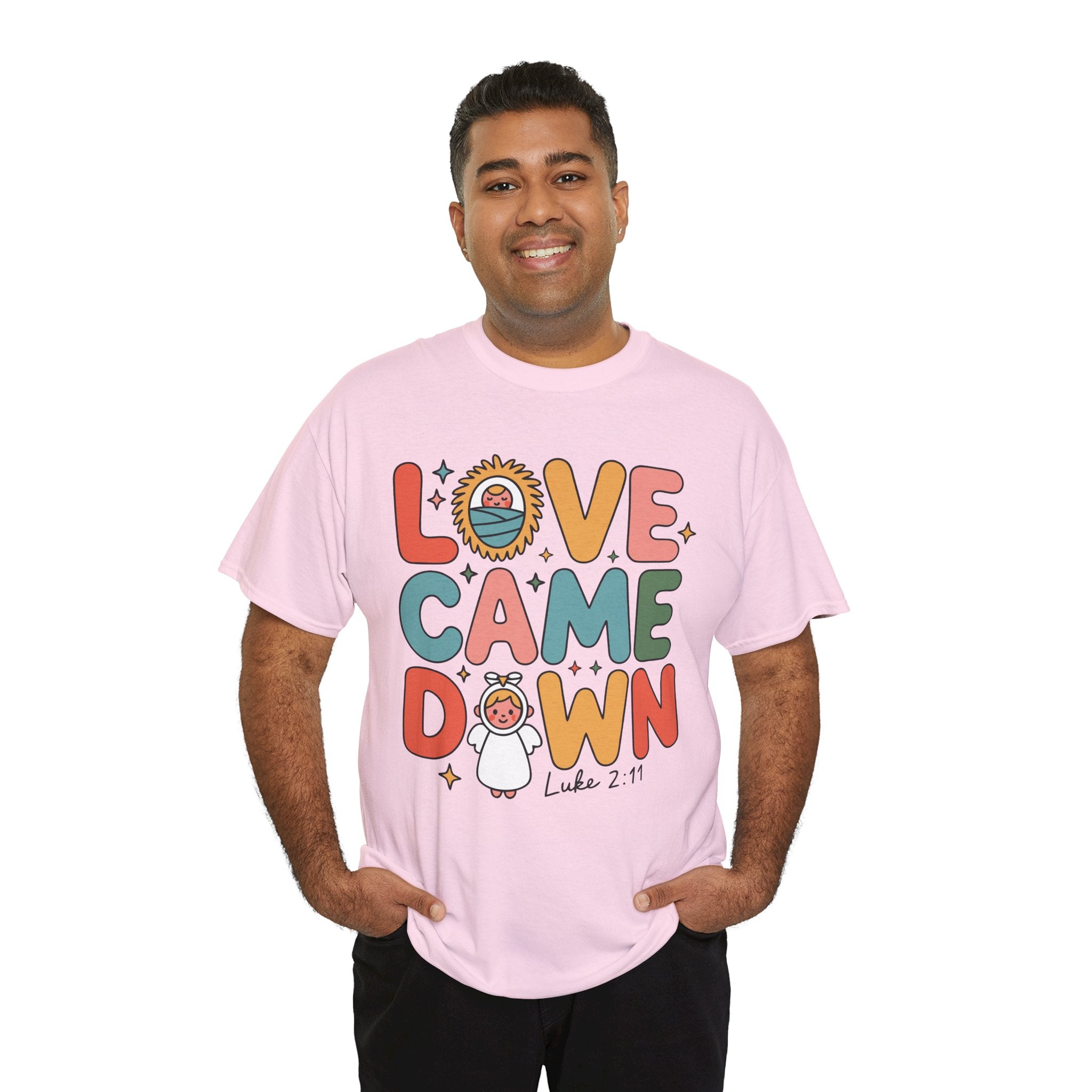 Love Came Down Christmas Tee — Baby Jesus Manger Angel (Luke 2:11)..Unisex Cotton Tee