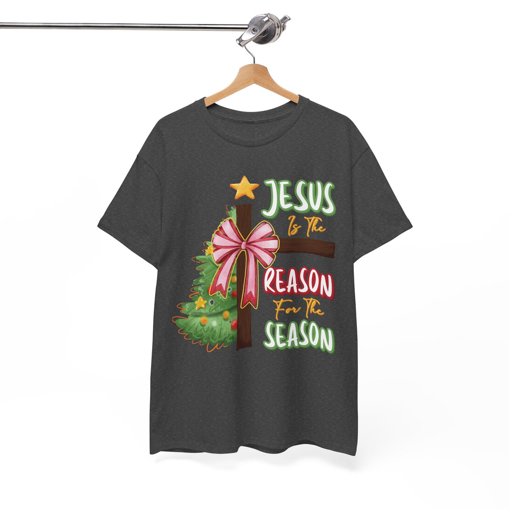 Jesus Is the Reason for the Season Christmas Tee — Cross with Pink Bow & Tree. Unisex Cotton Tee