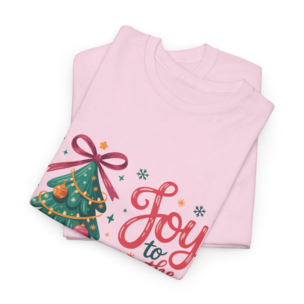 Joy to the World Christmas Tee — Festive Tree with Pink Bow..Unisex Cotton Tee