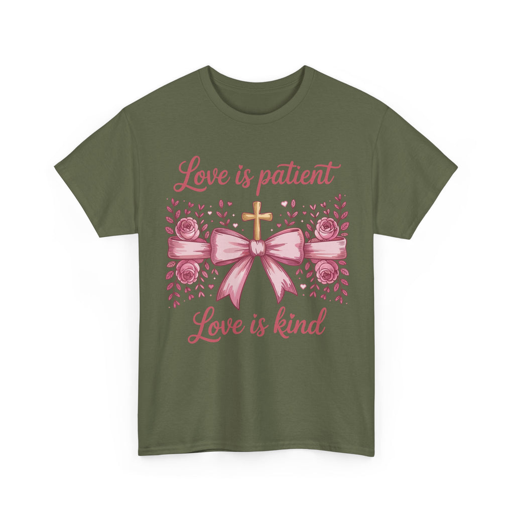 Christian Floral Tee — "Love is Patient, Love is Kind" Pink Rose Cross. Unisex Cotton Tee