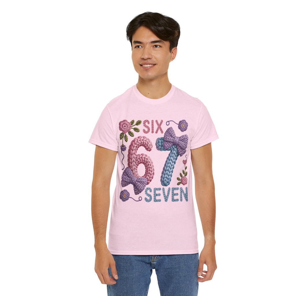 Pastel Crochet Numbers 6 & 7 Tee — Faux-Yarn Bows & Flowers. Unisex Cotton Tee
