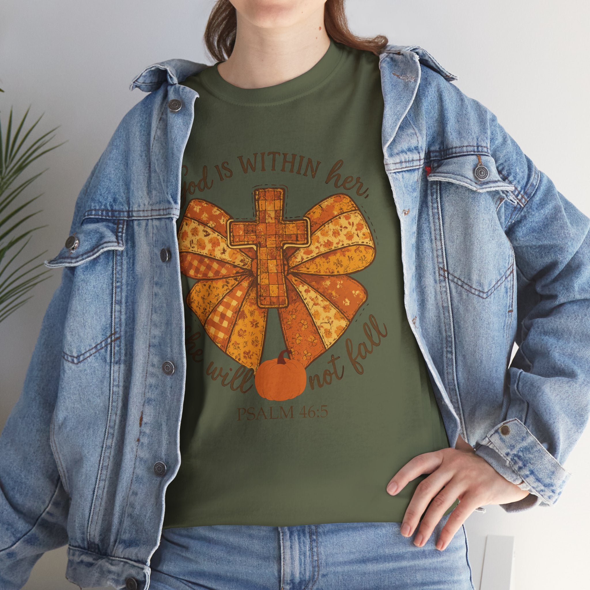 Psalm 46:5 Cross Patchwork Tee — Fall Bow Christian Unisex Cotton T-Shirt