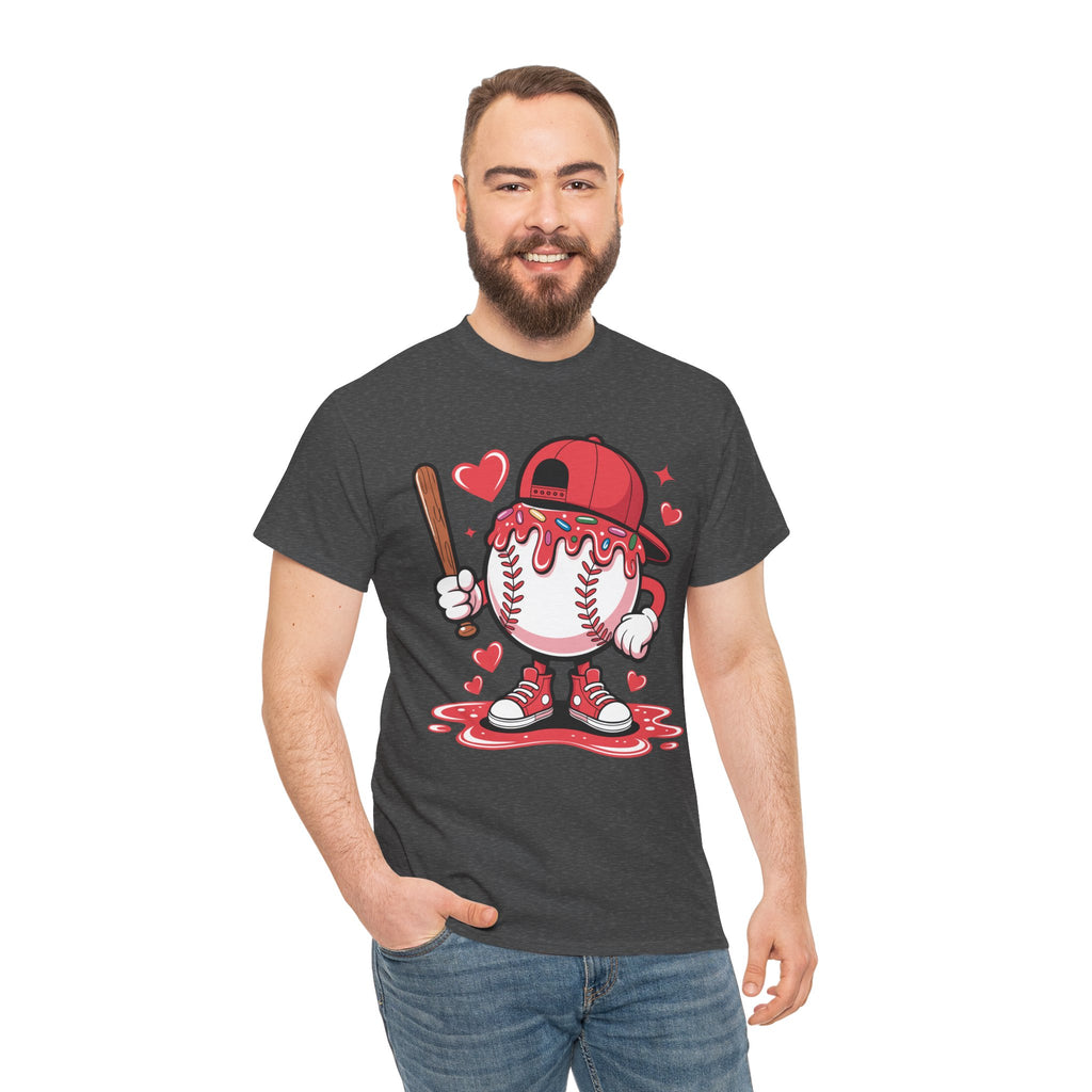 Cute Baseball Character T-Shirt — Red Cap & Icing Top Graphic with Hearts Unisex Cotton Tee