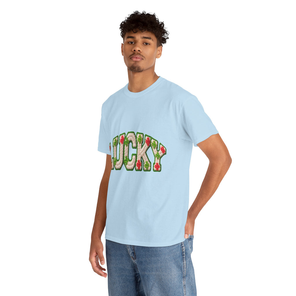 Lucky Crochet Clover T-Shirt — Faux-Yarn Embroidered St. Patrick’s Unisex Cotton Tee