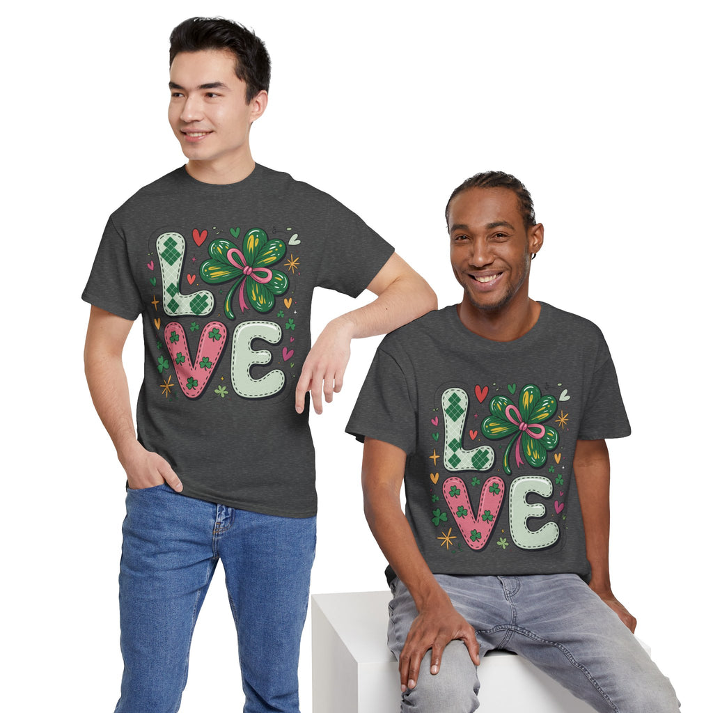 Stitched Clover 'LOVE' Tee — Heart & Patchwork St. Patrick's Unisex Cotton T-Shirt