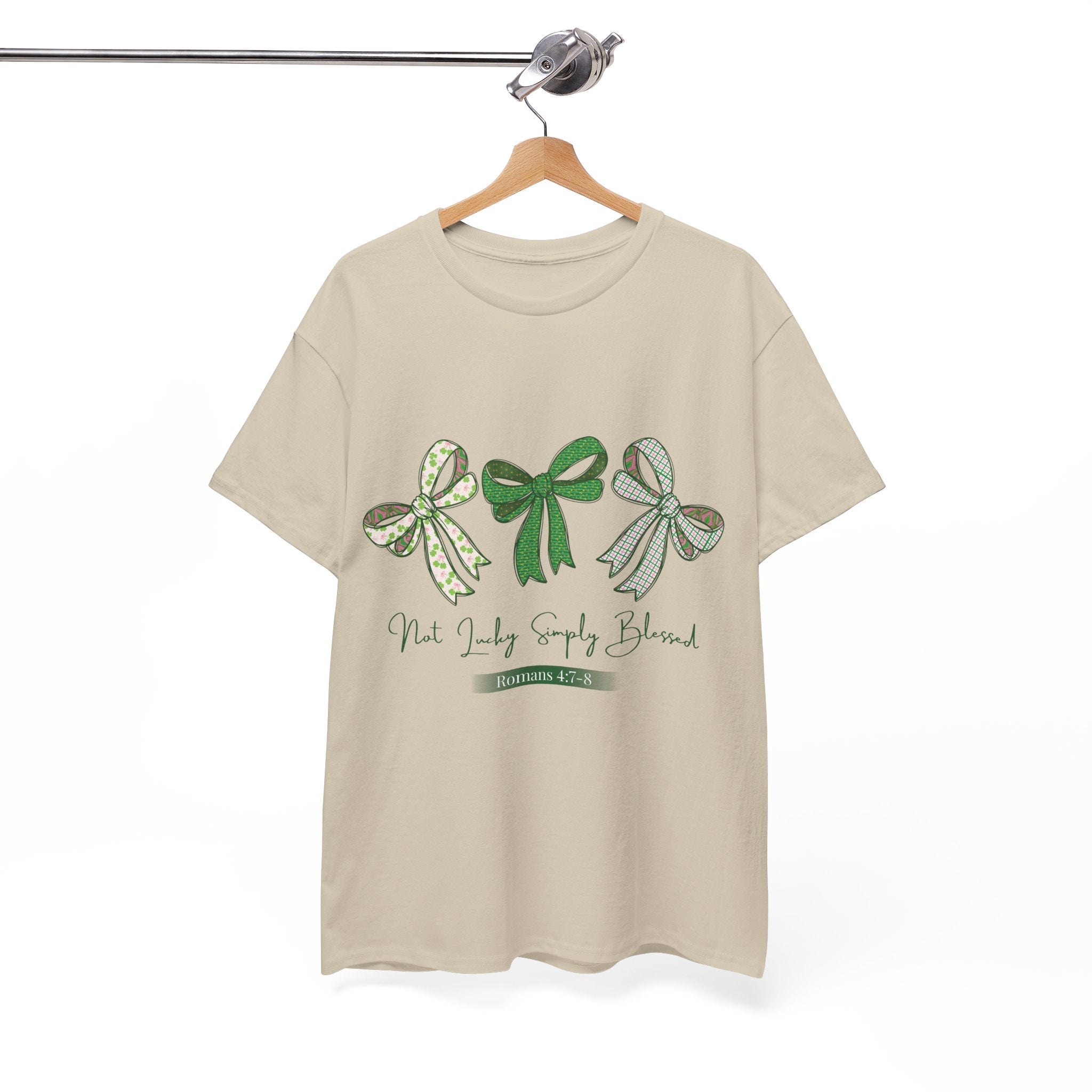 Not Lucky Simply Blessed Tee — Romans 4:7-8 Green Bow Christian Unisex Cotton T-Shirt