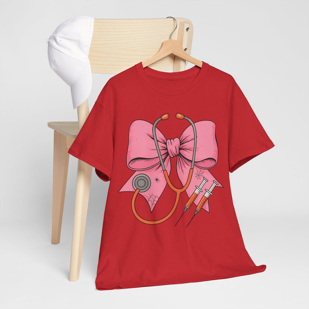Halloween Nurse T‑Shirt — Pink Nurse Bow with Stethoscope, Syringes & Spider Webs..Unisex Cotton Tee