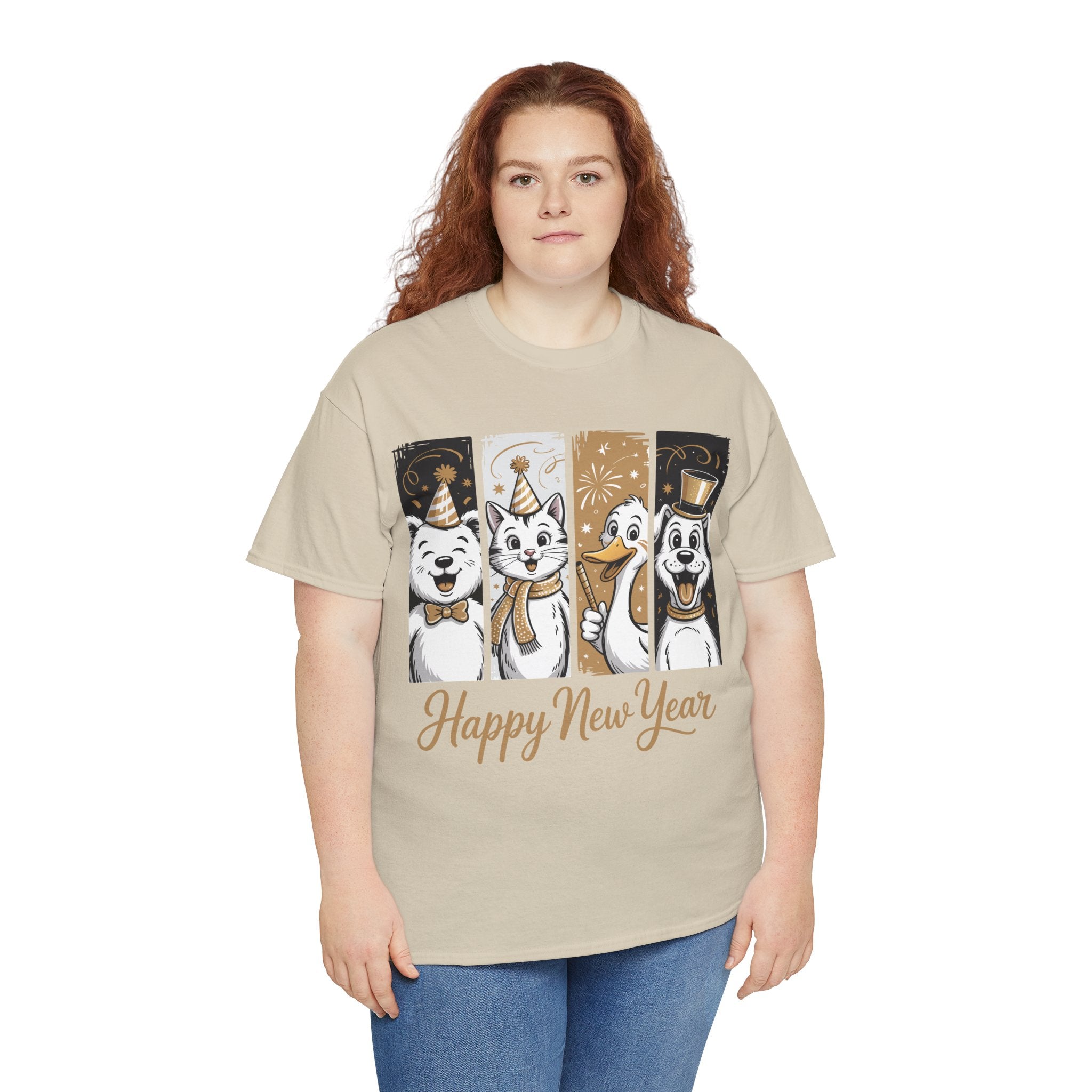 Happy New Year Party Animals T-Shirt — Cute Smiling Animals in Party Hats & Gold Fireworks..Unisex Cotton Tee