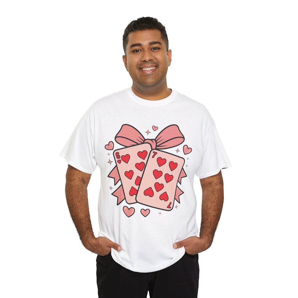 6 & 7 of Hearts T-Shirt — Paired Playing Cards with Pink Bow Unisex Cotton Tee