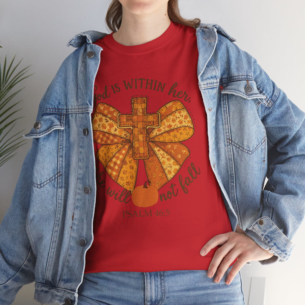 Psalm 46:5 Cross Patchwork Tee — Fall Bow Christian Unisex Cotton T-Shirt