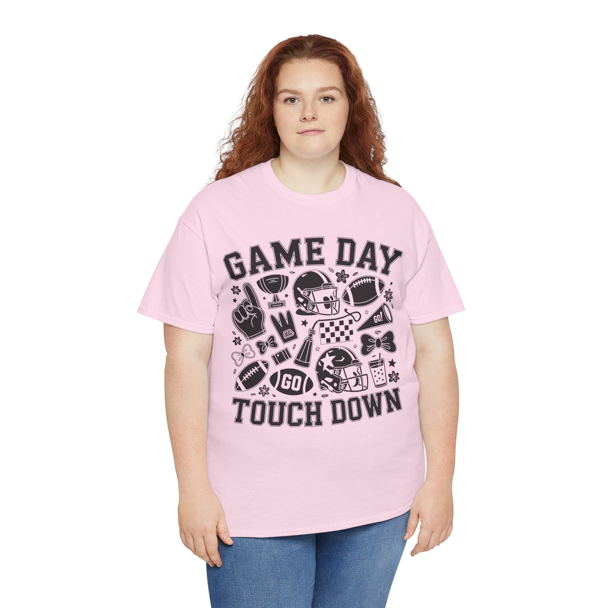 Game Day Touch Down Football T‑Shirt — Helmet & Cheer Monochrome Design Unisex Cotton Tee