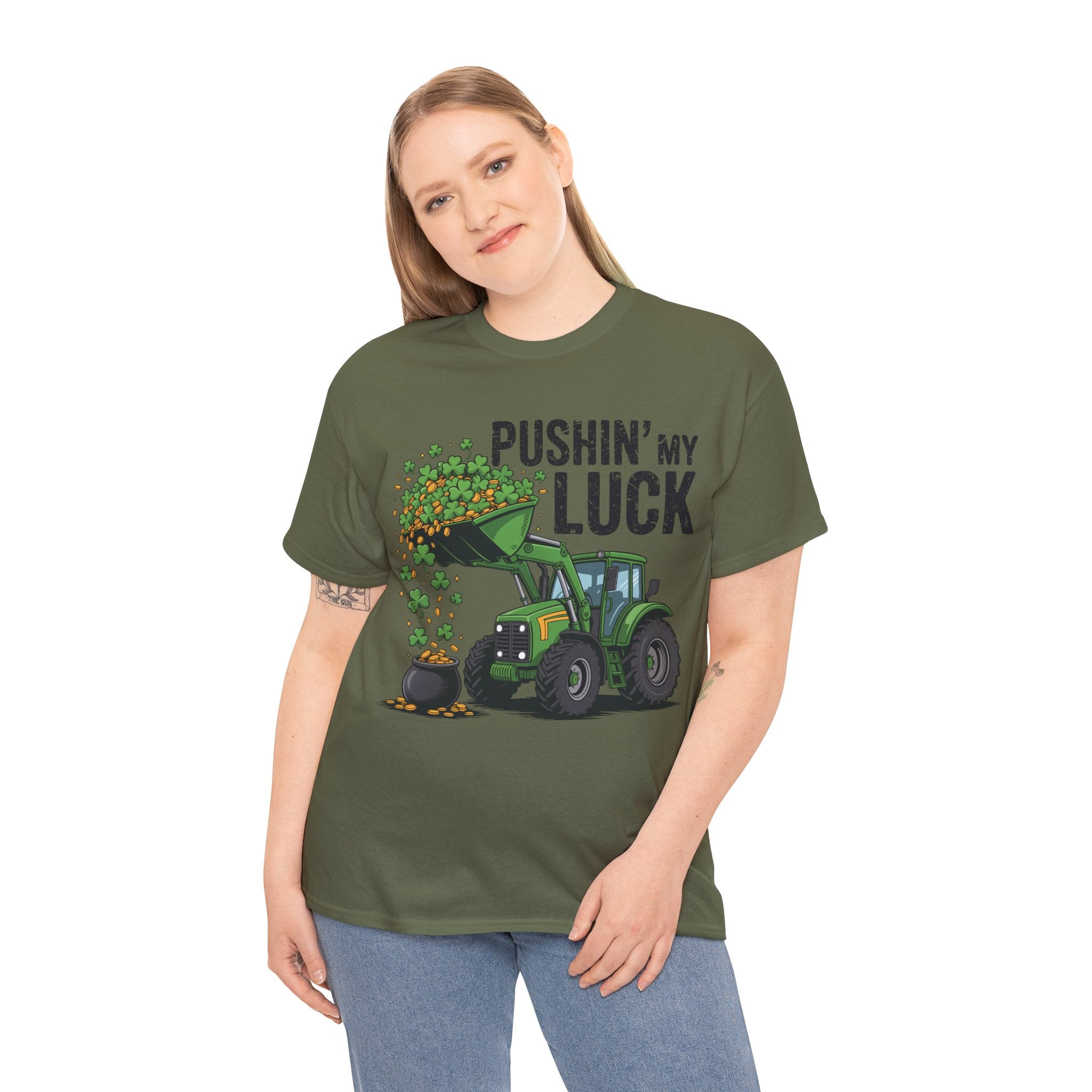 Pushin' My Luck Shamrock Tractor Tee — St. Patrick's Day Unisex Cotton T-Shirt