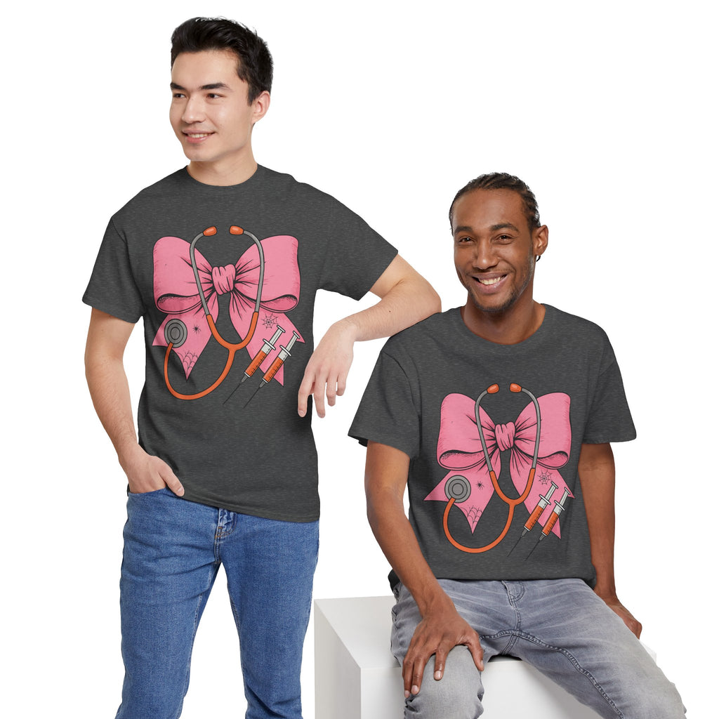 Halloween Nurse T‑Shirt — Pink Nurse Bow with Stethoscope, Syringes & Spider Webs..Unisex Cotton Tee