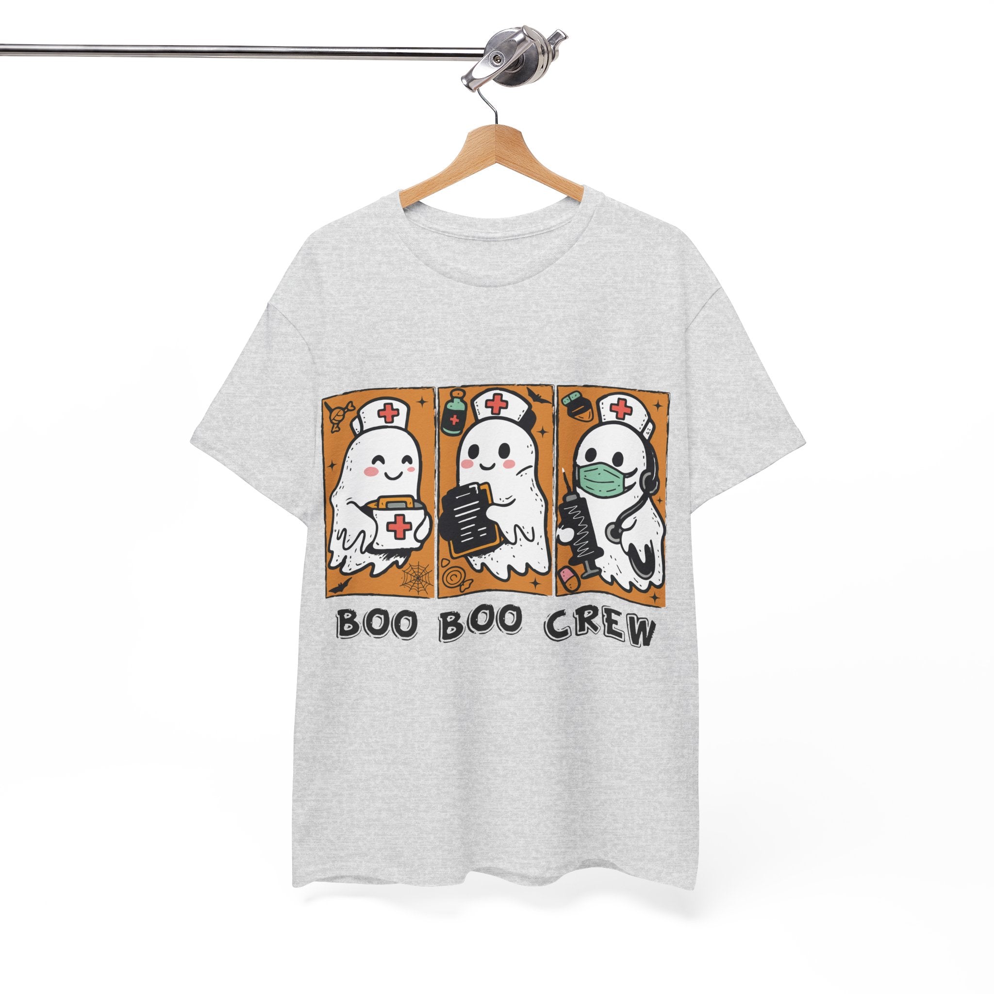 Halloween Nurse T-Shirt — Ghost Nurses Holding Medical Tools on Orange Unisec Cotton Tee