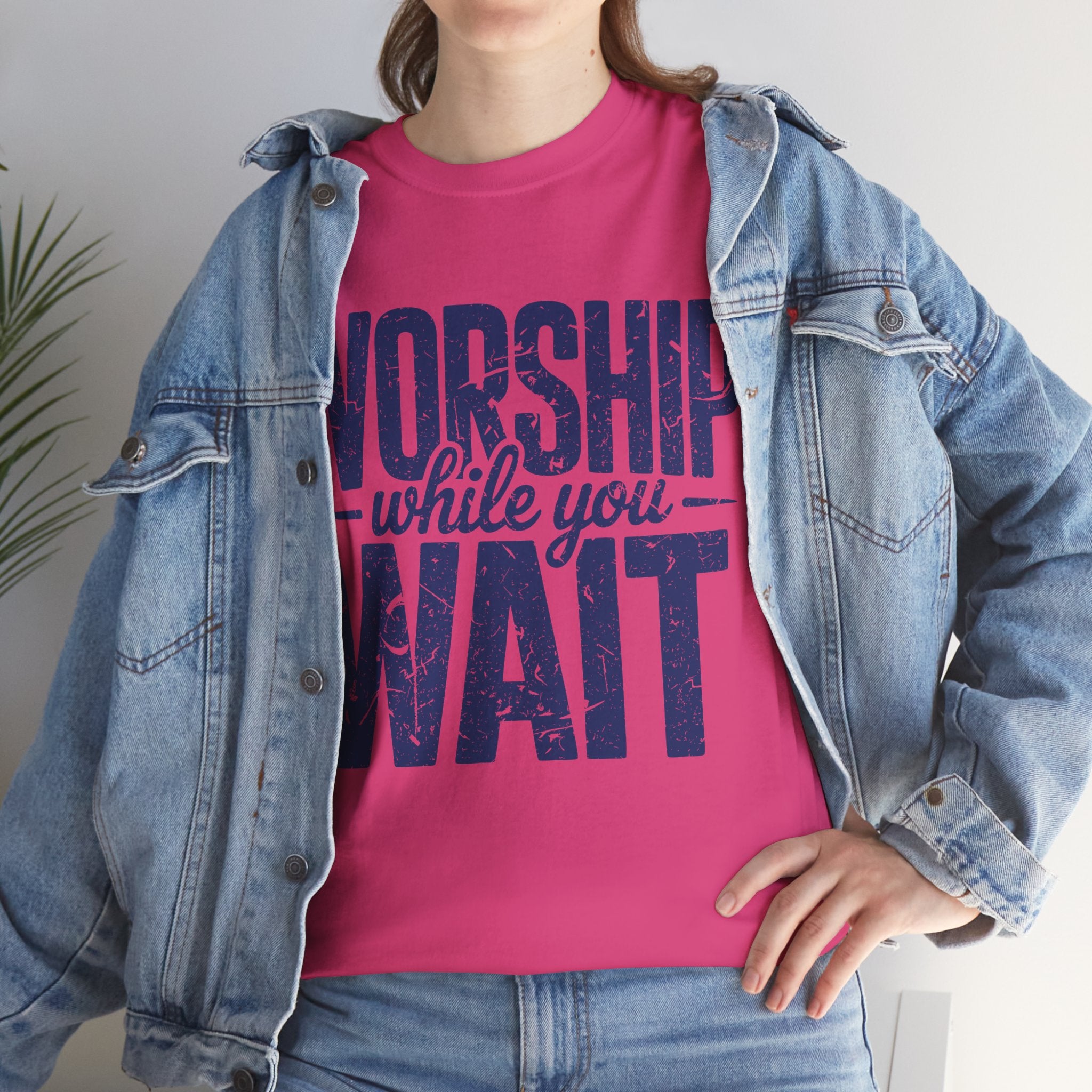 Worship While You Wait T‑Shirt — Distressed Pastel Blue Faith Unisex Cotton Tee