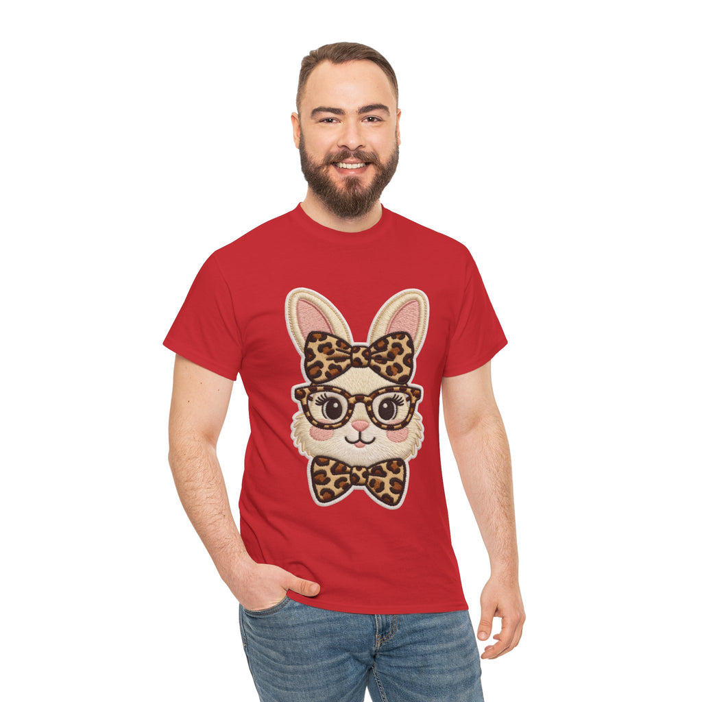 Leopard Bow Bunny Embroidered Tee — Cute Bunny Face with Glasses Patch Unisex Cotton Tee