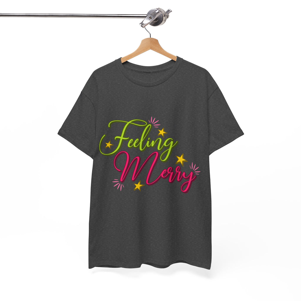 Feeling Merry T-Shirt — Bright Green & Pink Holiday Tee with Stars.Unisex Cotton Tee