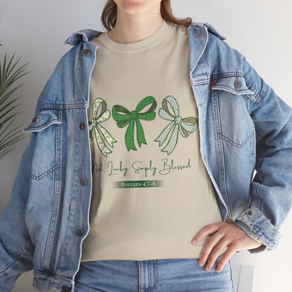 Not Lucky Simply Blessed Tee — Romans 4:7-8 Green Bow Christian Unisex Cotton T-Shirt