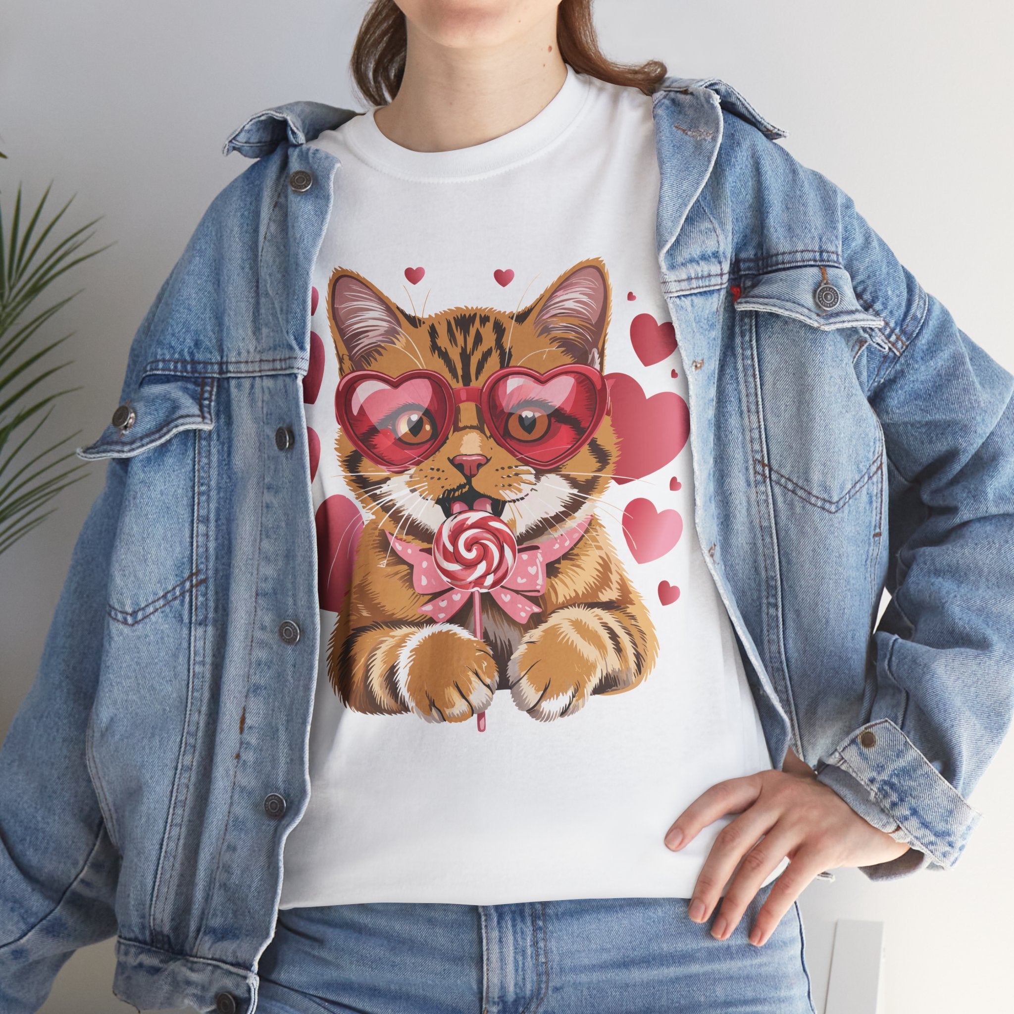 Valentine Cat Tee — Heart Glasses, Lollipop Bow Unisex Cotton Tee