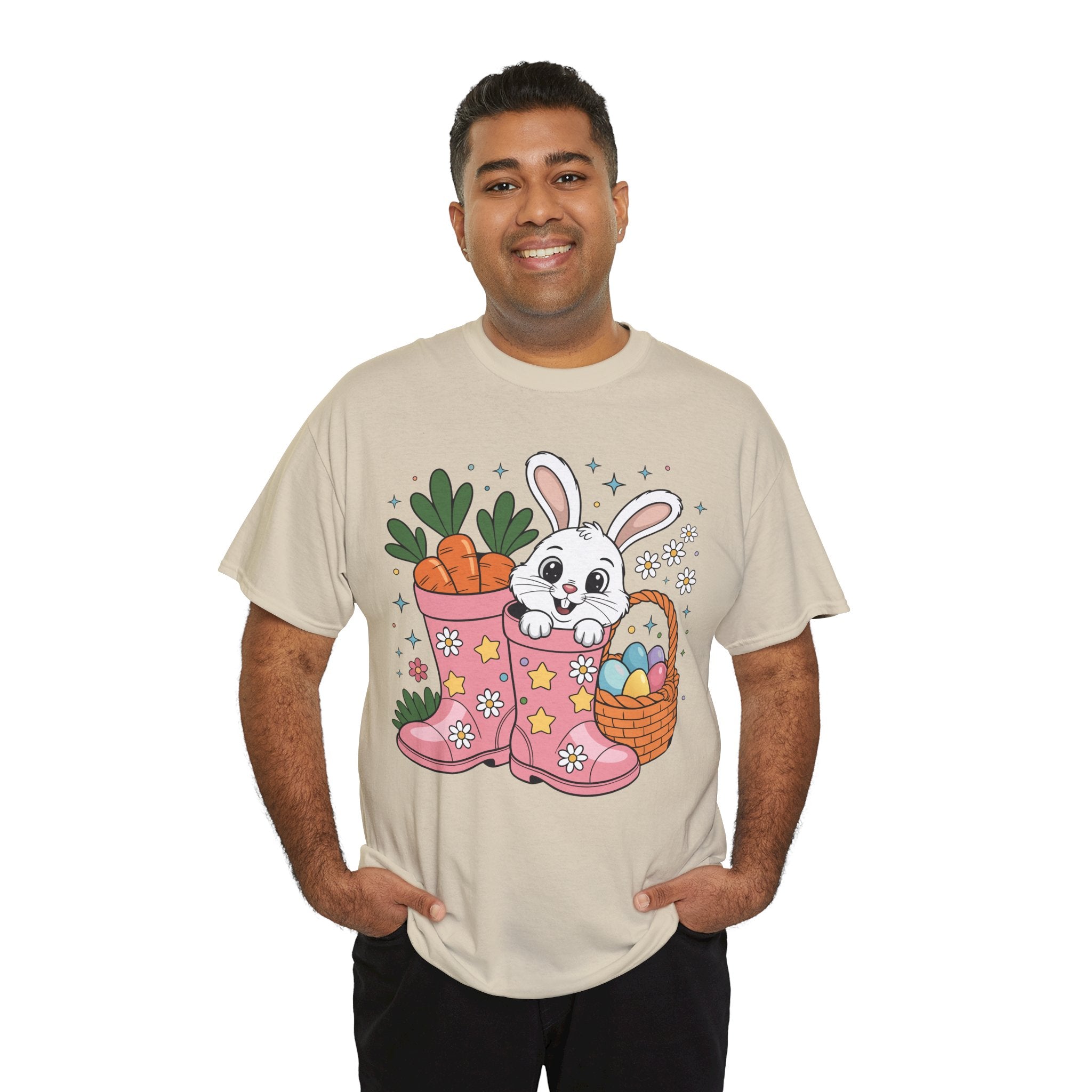Easter Bunny in Pink Rain Boots T-Shirt — Cartoon Bunny, Carrots & Colorful Eggs Unisex Cotton Tee