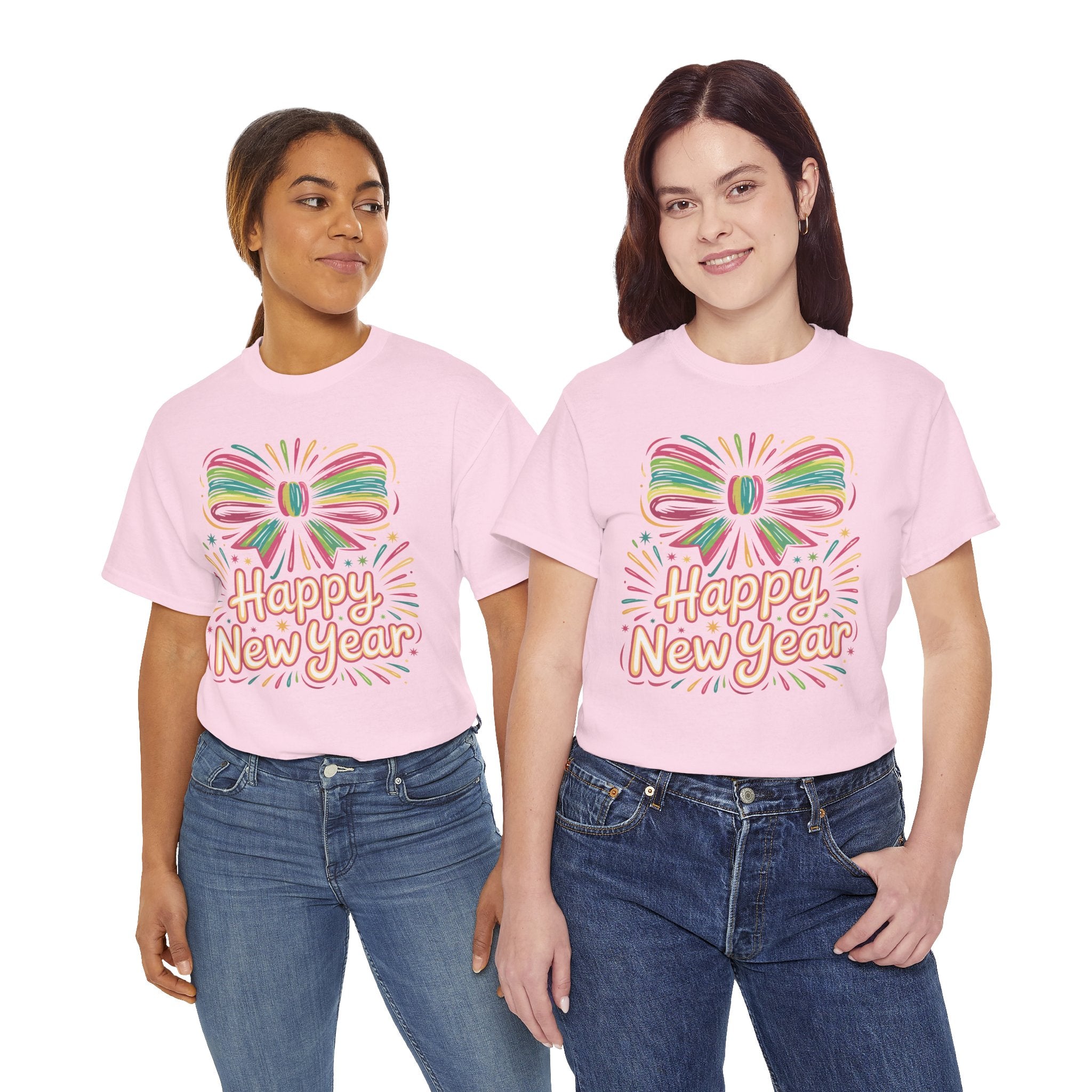 Happy New Year Pastel Tee — Rainbow Bow & Fireworks Celebration Unisex Cotton Tshirt