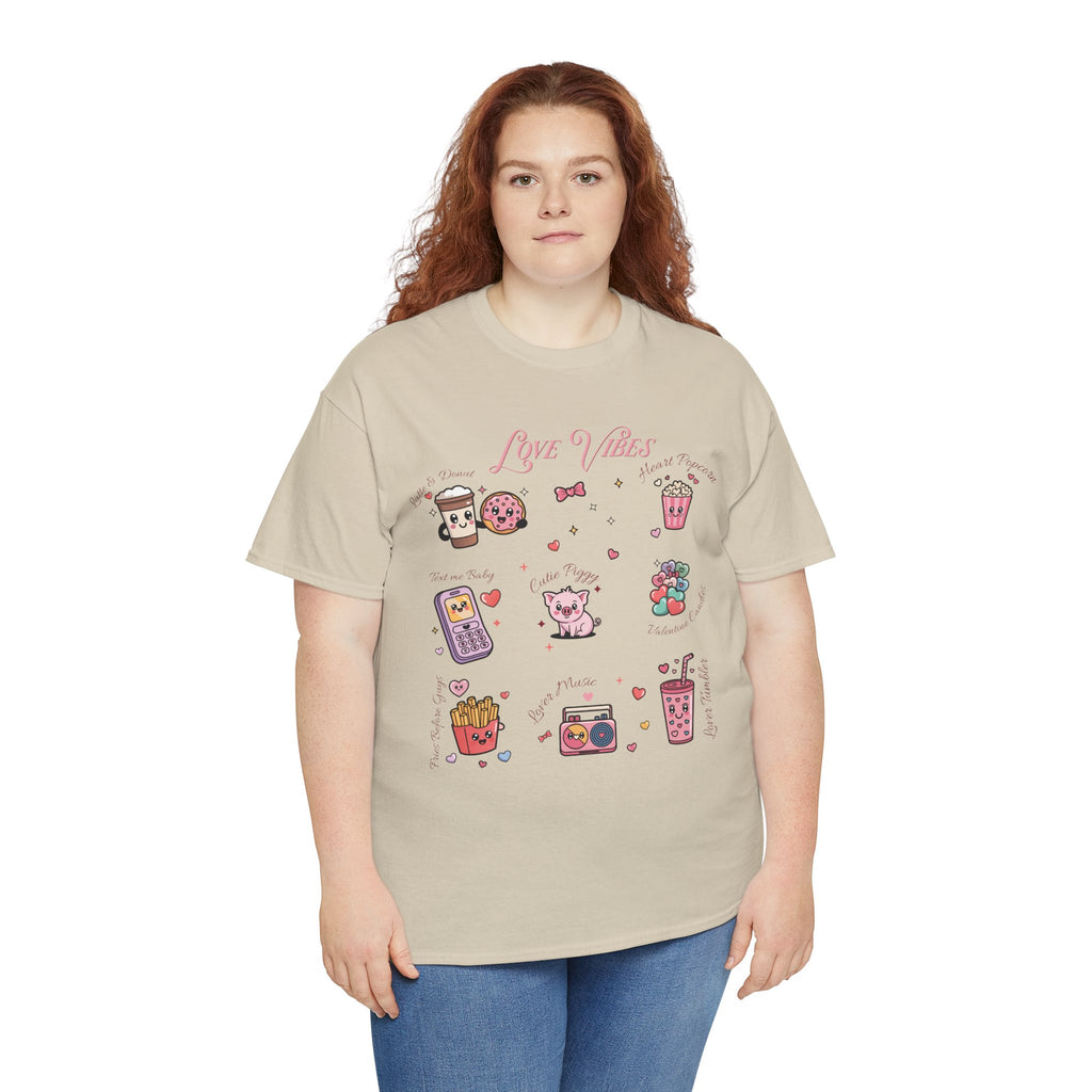 Love Vibes Kawaii Valentine T-Shirt — Cute Donut, Coffee & Piglet Design Unisex Cotton Tee