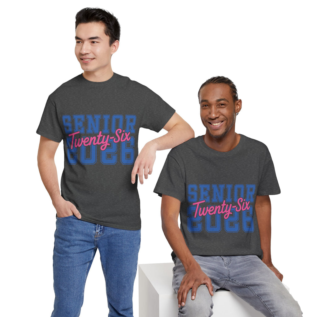 Senior 2026 Tee — Pink Varsity Block with Blue Script Overlay Unisex Cotton Tee