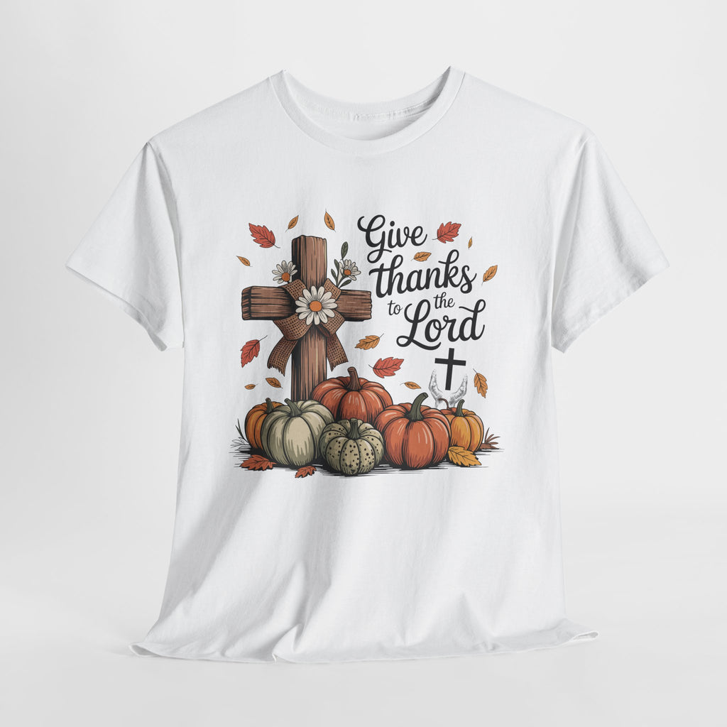Give Thanks to the Lord Autumn Tee — Wooden Cross, Pumpkins & Daisies..Unisex Cotton Tee