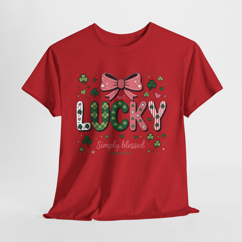 Simply Blessed Tee — “Not Lucky, Simply Blessed” with Pastel Bow, Clovers & Romans 4:7-8 Unisex Cotton Tee